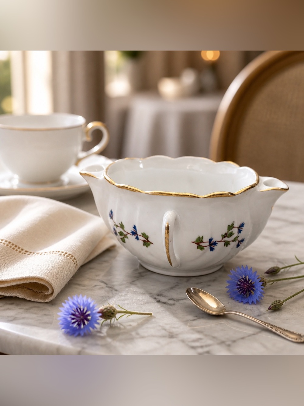 White Porcelain Creamer with Gold Trim and Blue Floral Accent